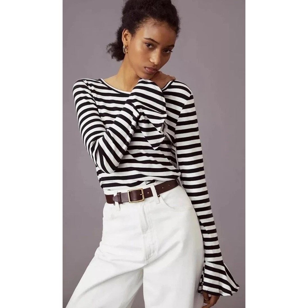 Maeve Anthropologie Striped Long Sleeve Bell Cuff Top Black White XS Parisian